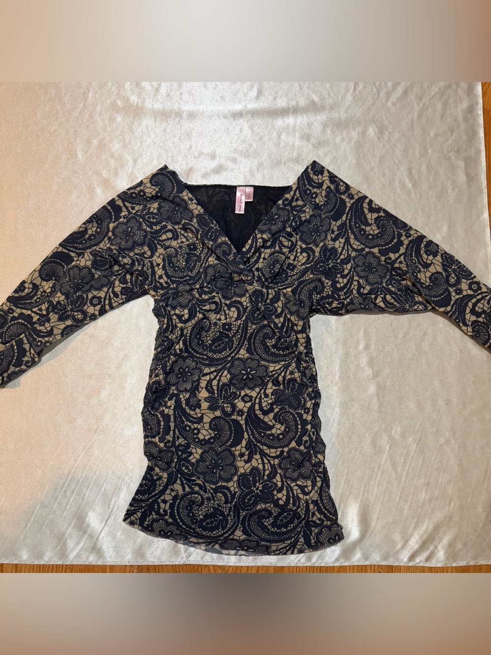 Vintage Y2K Sweet Pea Stacy Frati Mesh Surplice Top Fairy Ruched Paisley Lace S
